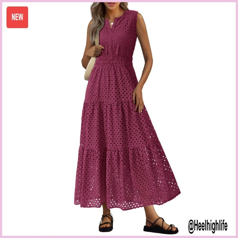 Sleeveless V-Neck Eyelet Maxi Dress, A-Line Flowy Summer Beach
